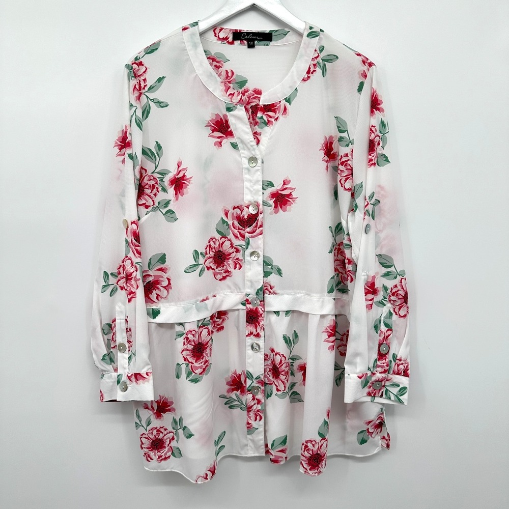 Calessa Tunic‎ Top Shirt Size 1X Sheer Button Up Pockets Romantic Cottagecore